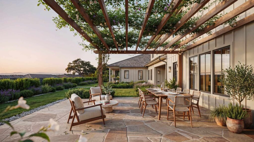 Stamped concrete patio with a wooden pergola, outdoor seating, landscaped garden, and modern backyard design in warm natural light.