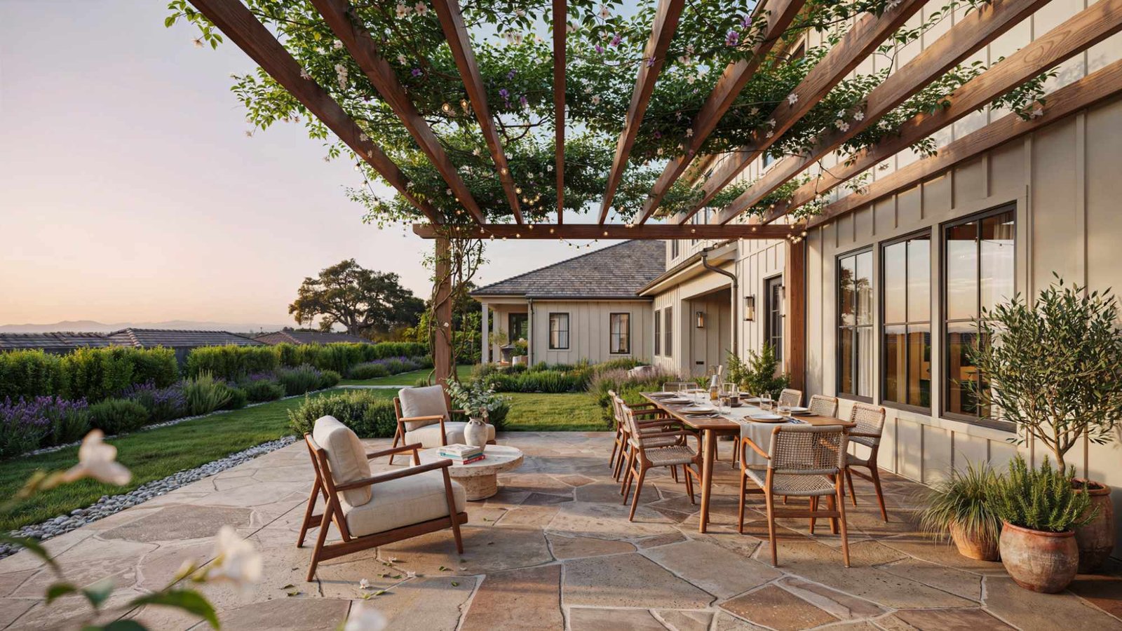 Stamped concrete patio with a wooden pergola, outdoor seating, landscaped garden, and modern backyard design in warm natural light.