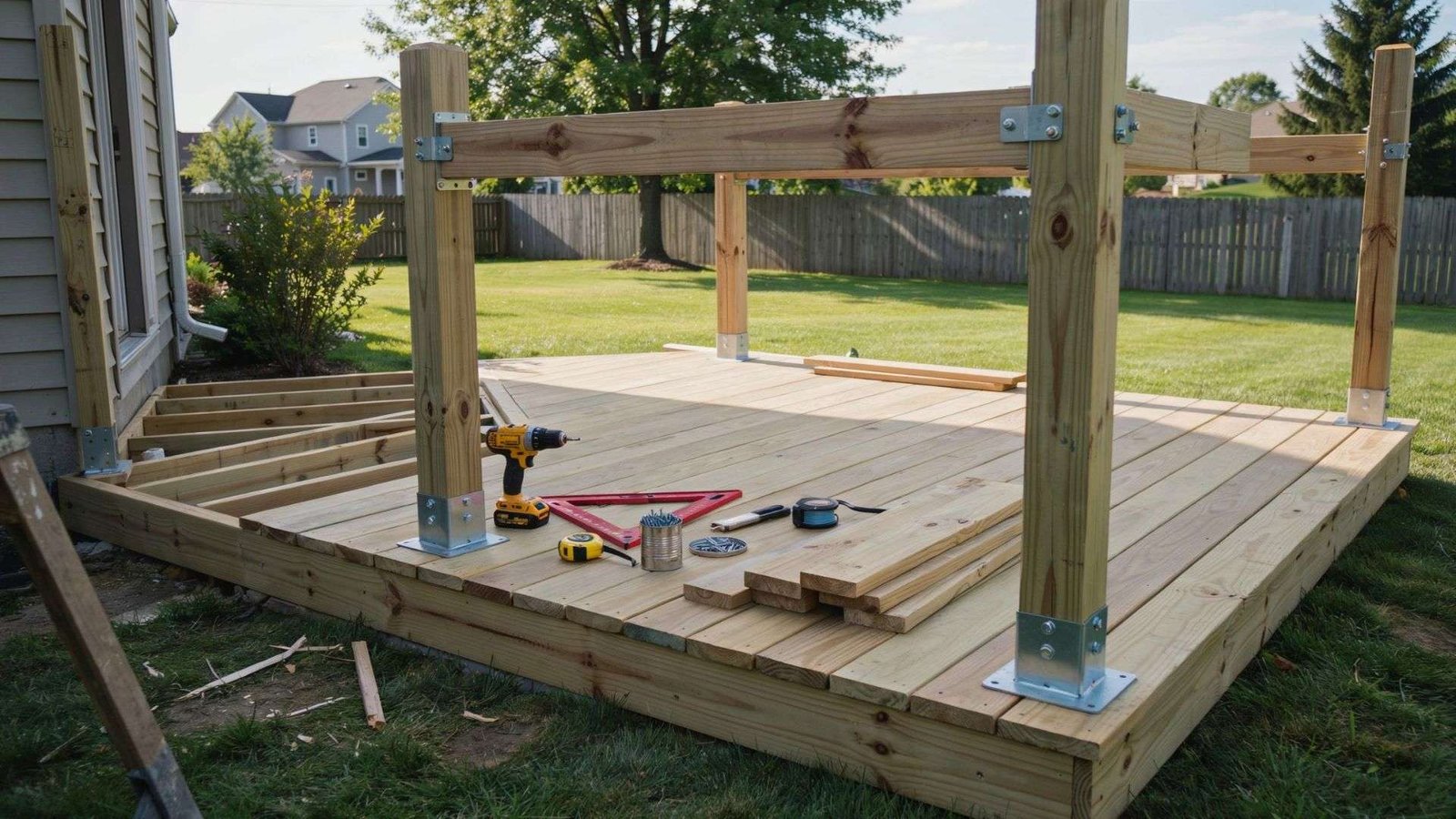 Raised wooden deck build with pergola posts in metal anchors, heavy beams, tools and lumber on deck, grass and house background.