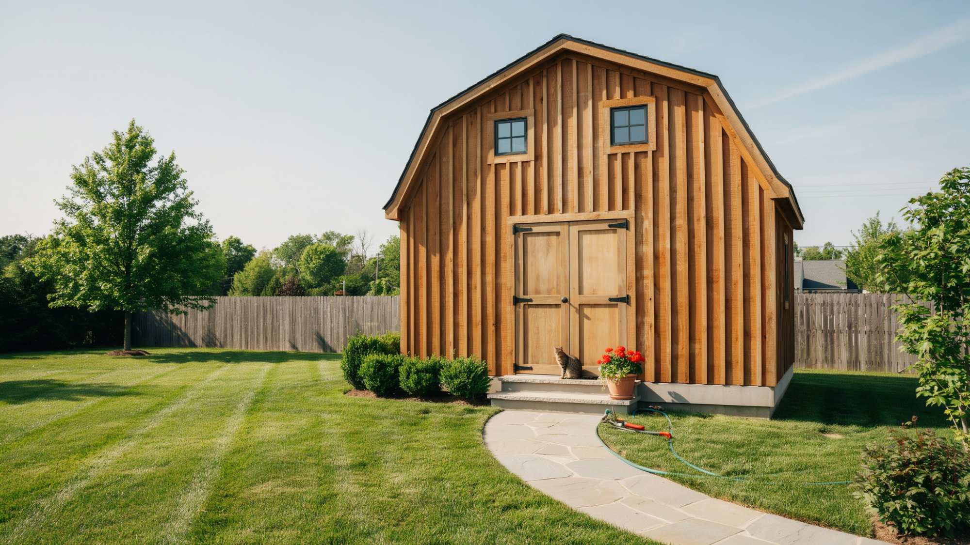 Barn-style shed with a gambrel roof and extra loft storage space.
