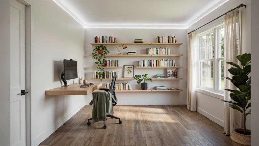 Modern inside shed converted into a stylish home office with storage shelves and natural lighting