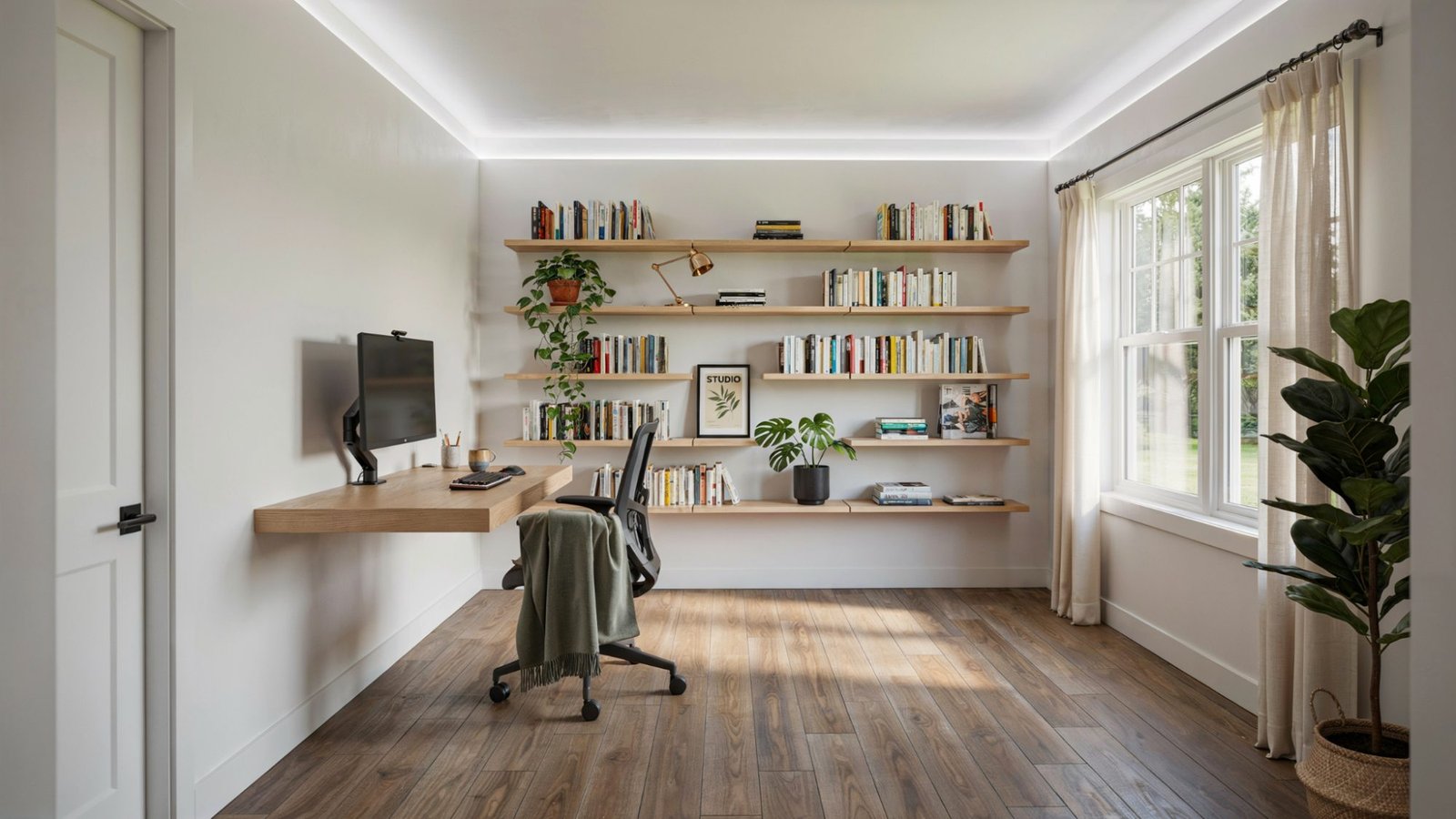 Modern inside shed converted into a stylish home office with storage shelves and natural lighting