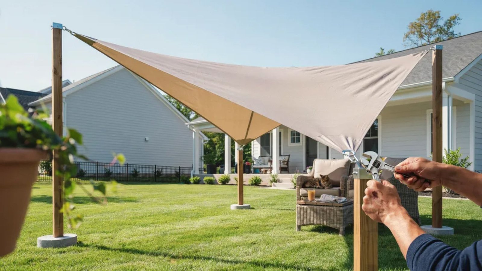 DIY shade sail posts supporting a tightly stretched backyard shade sail with sturdy wooden posts.