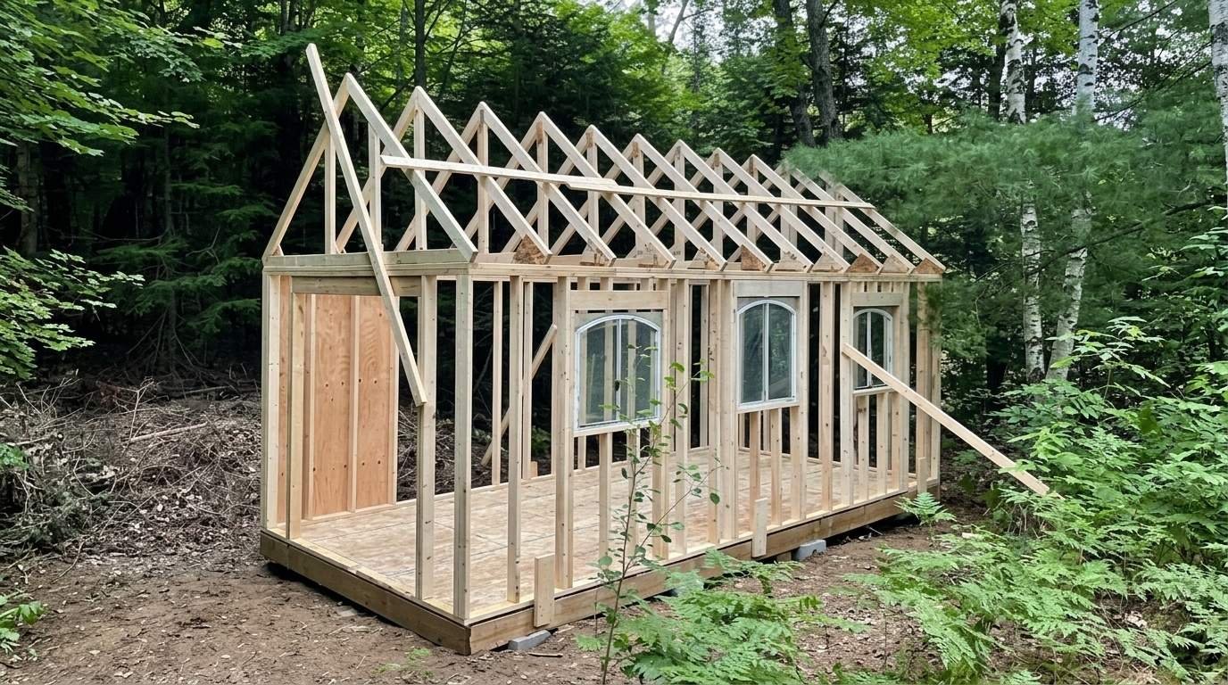 Wood shed frame with roof trusses and windows under construction in green forest.