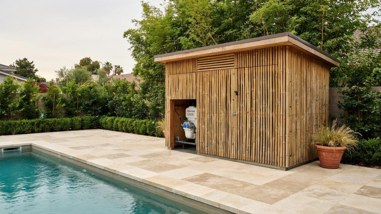 A wooden pool equipment shed with vertical wood paneling and louvered vents next to a backyard swimming pool.