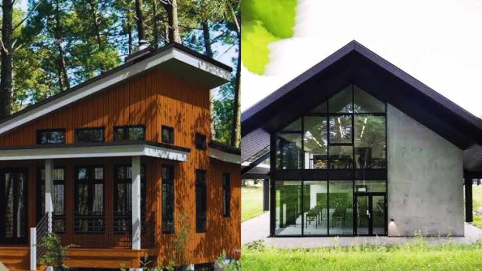 Wooden house with sloping shed roof beside modern glass house with gable roof.