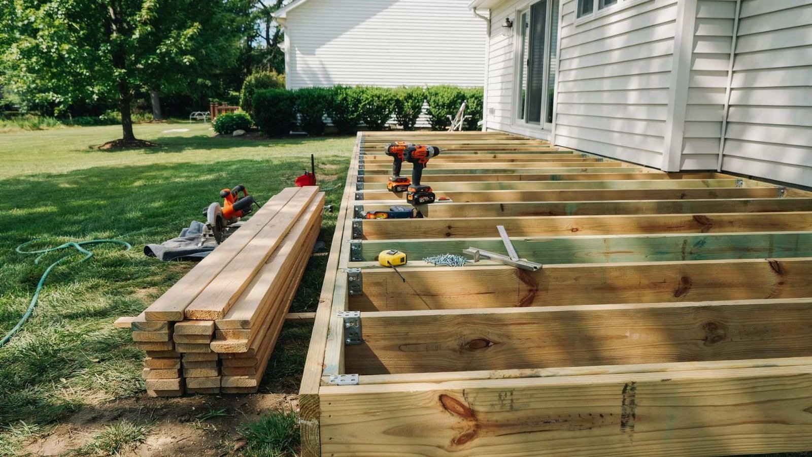 Wooden deck framing with exposed joists and hangers, drills, tape measure and lumber pile beside white house.