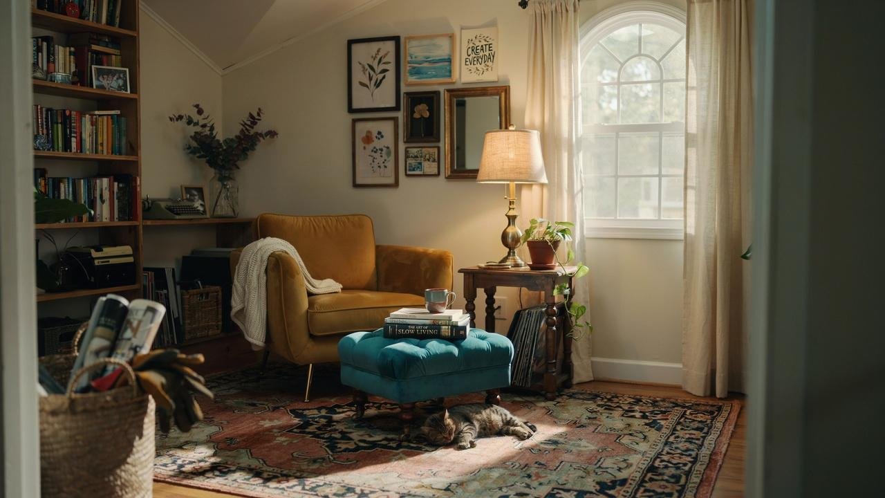 Eclectic vintage she shed interior.