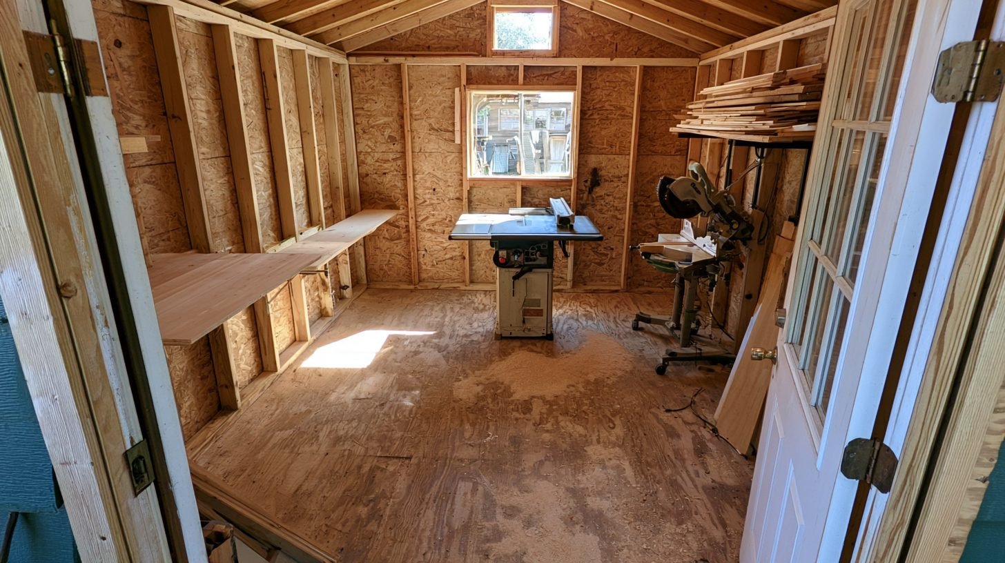 Small shed workshop with centered table saw, fold-down bench, miter saw stand, and lumber rack.