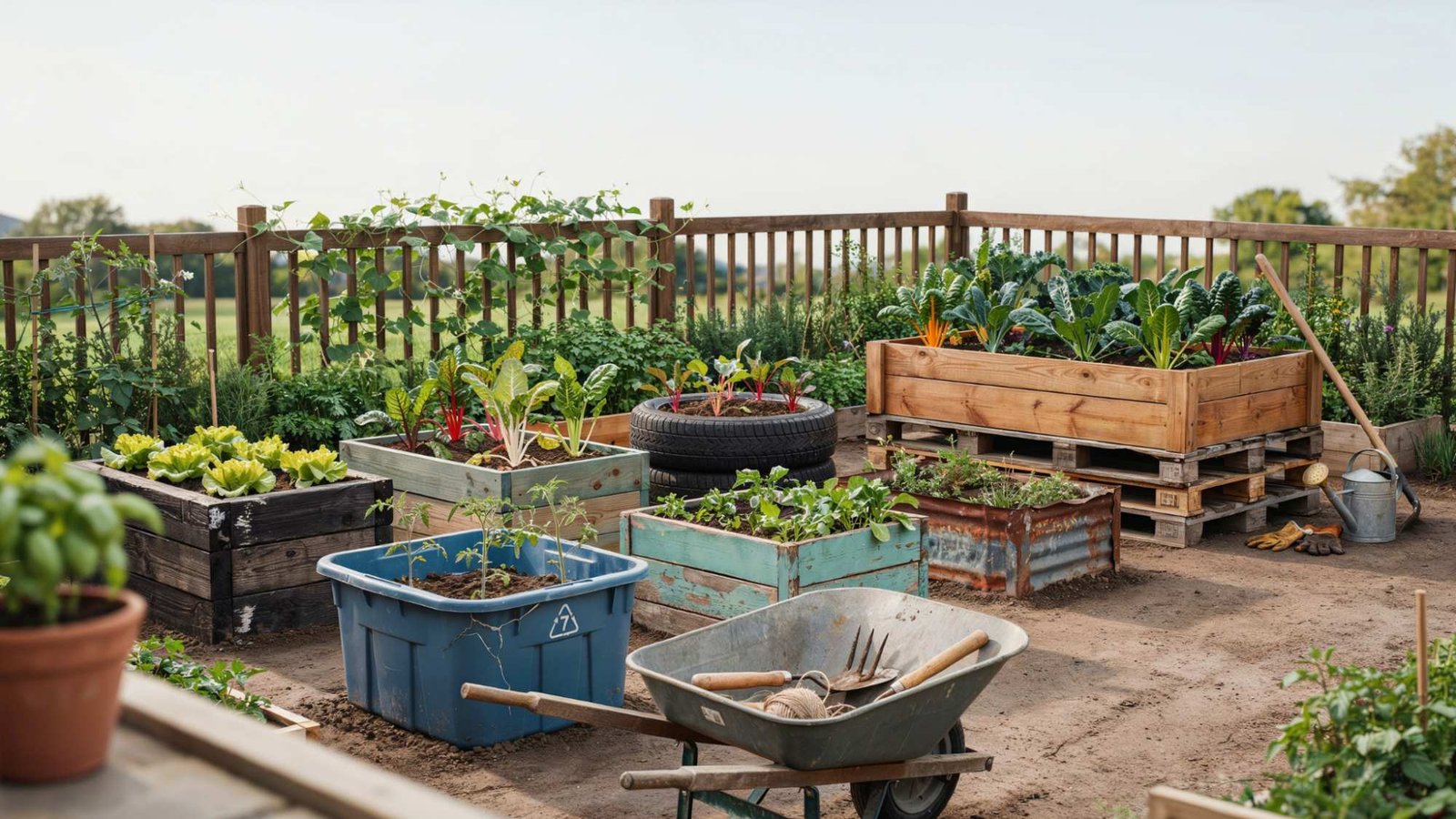 Comparison of unsafe raised garden bed materials including railroad ties, old treated wood, tires, rusted metal, and painted wood.