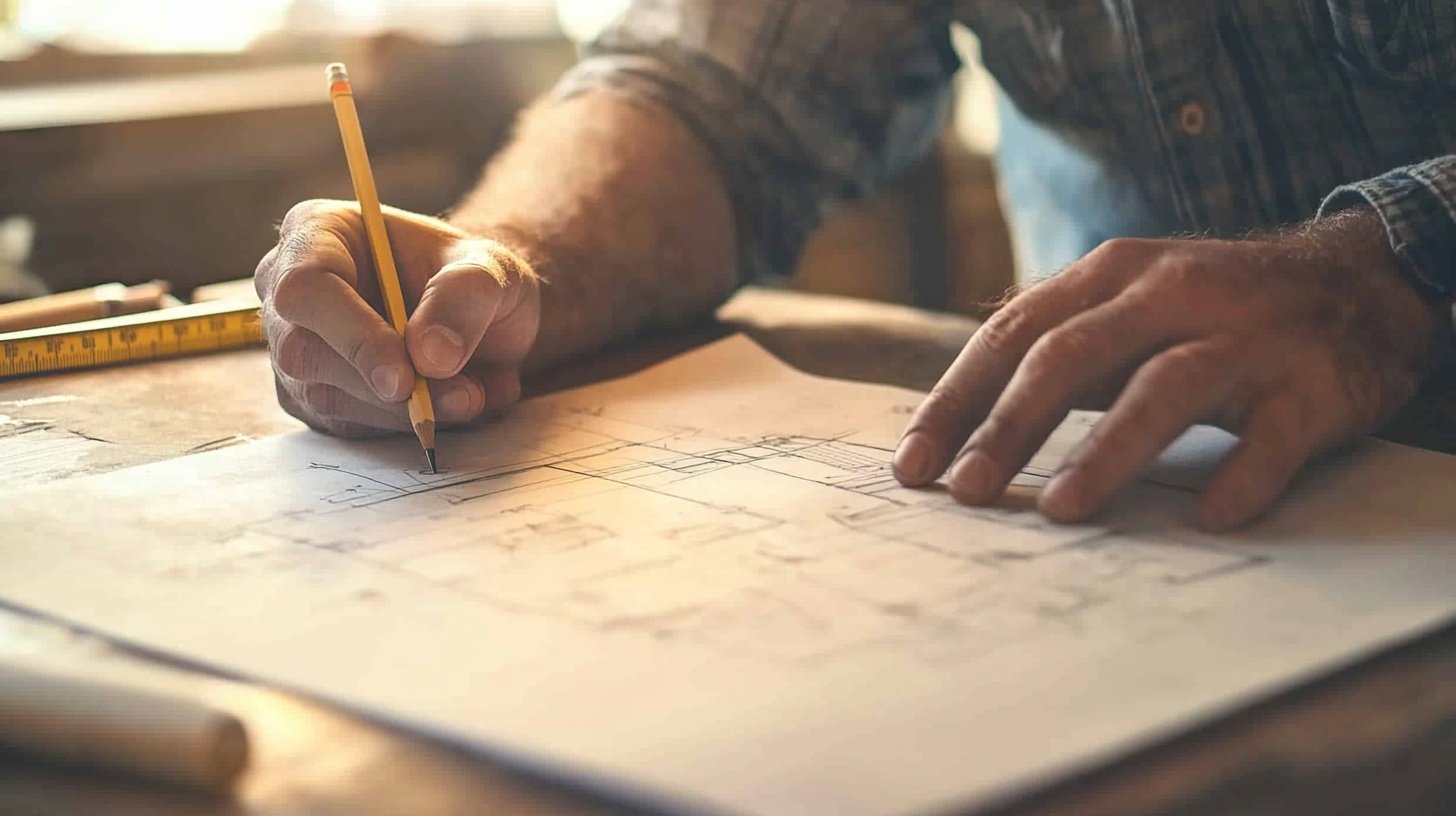 Close-up of a man's hands sketching a site plan with a pencil on paper, with a tape measure on the table beside him.