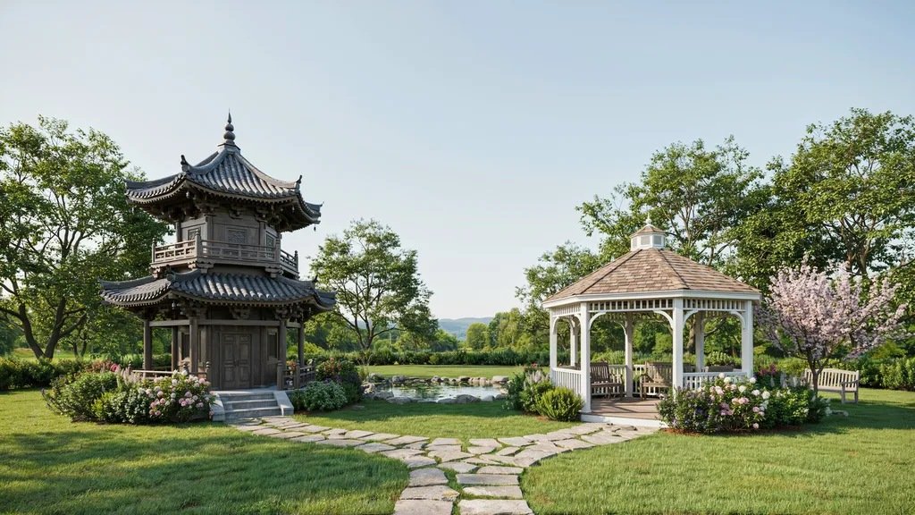 Traditional wooden pagoda and classic gazebo in a landscaped garden surrounded by green lawns, trees, and colorful flowers.