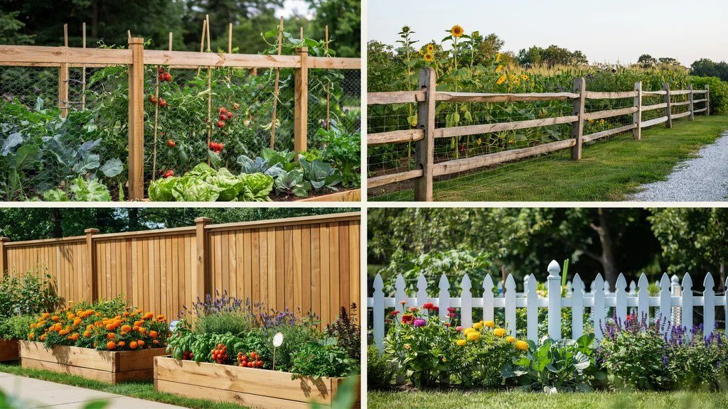 Collage showing wooden welded wire, split rail, cedar, and decorative picket garden fence designs for different outdoor spaces.