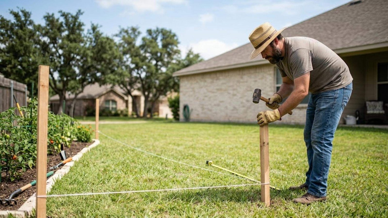 A man in a straw hat hammers a wooden stake into the lawn, pulling a white string line past a garden bed.