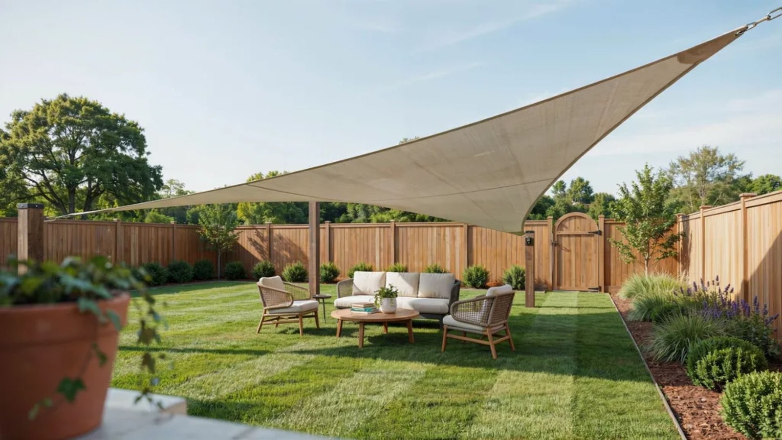 DIY shade sail posts supporting a taut canopy over a modern backyard patio.