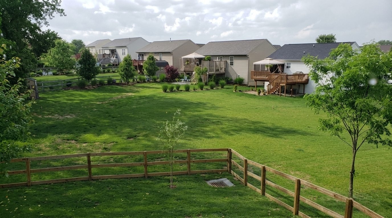 Large green backyard with wood fence, trees, and row of houses with decks.