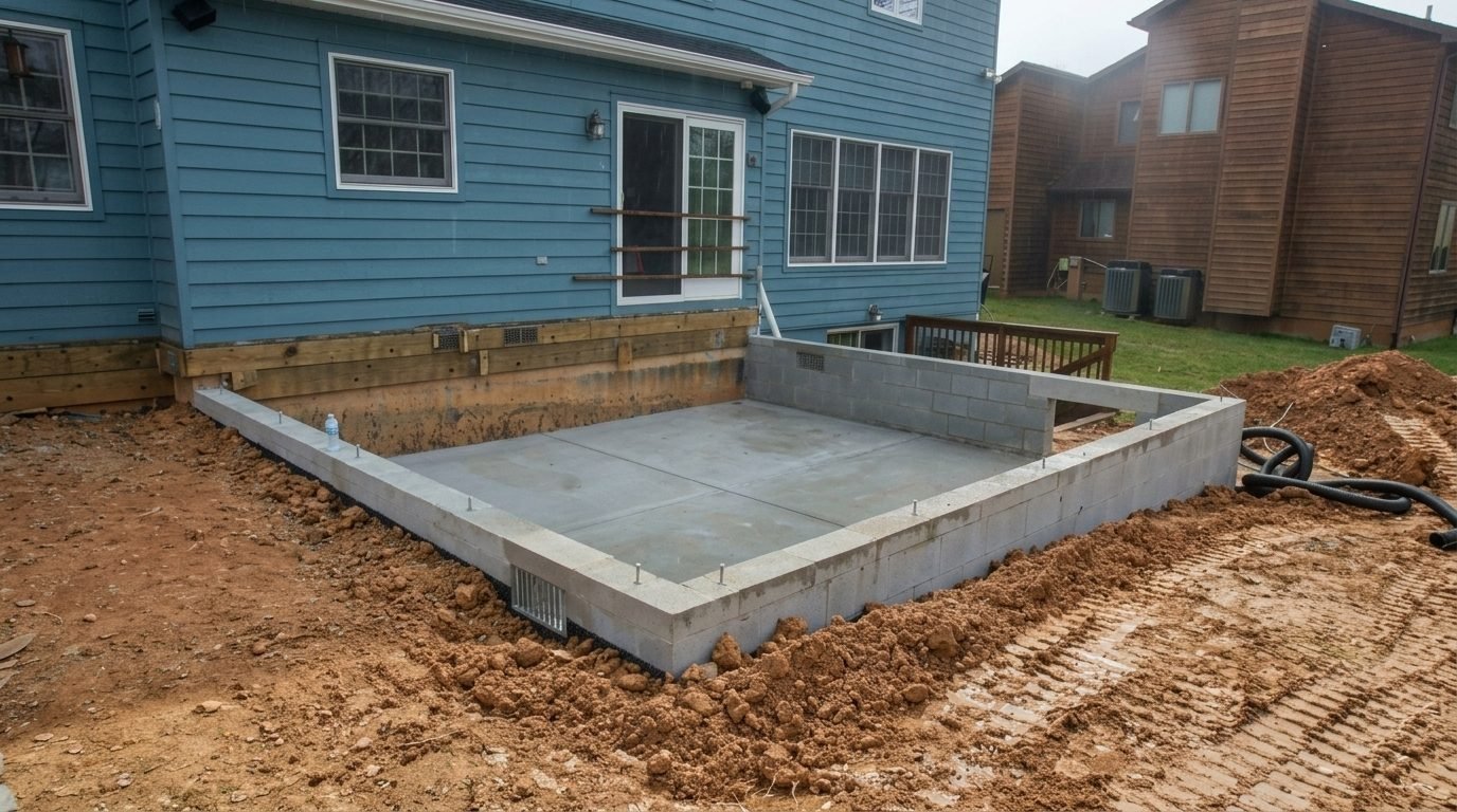 Concrete block foundation with slab beside blue house on dirt yard during construction.