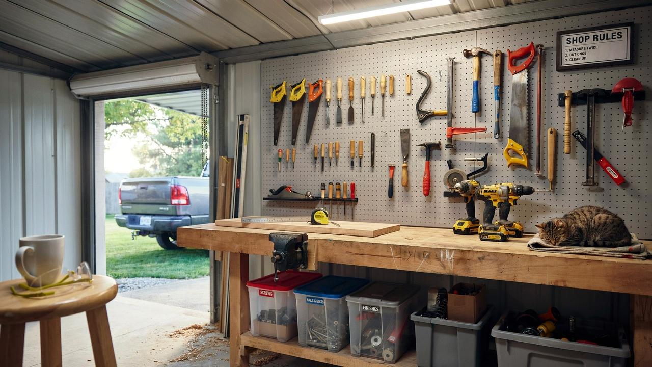 Workshop with built-in tool organization inside a shed.