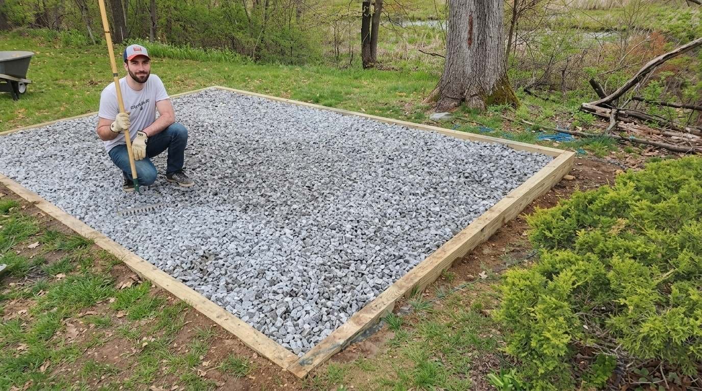 Man with rake kneeling on gravel shed base with wood frame in yard.