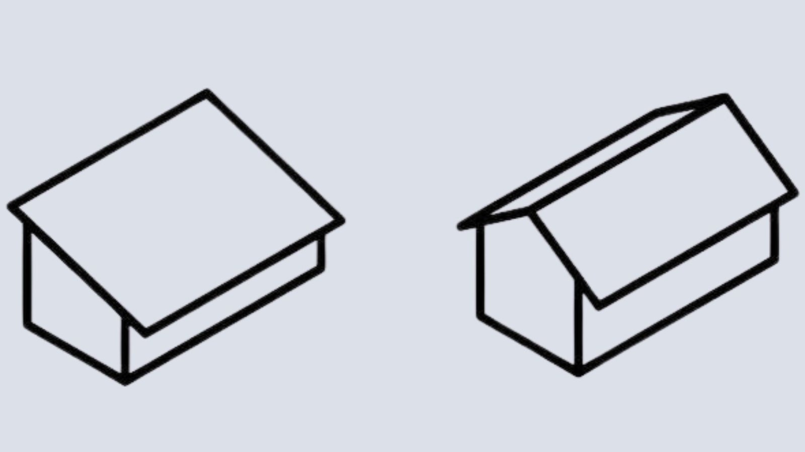Line drawing comparing a single slope shed roof on the left with a two sided gable roof on the right.