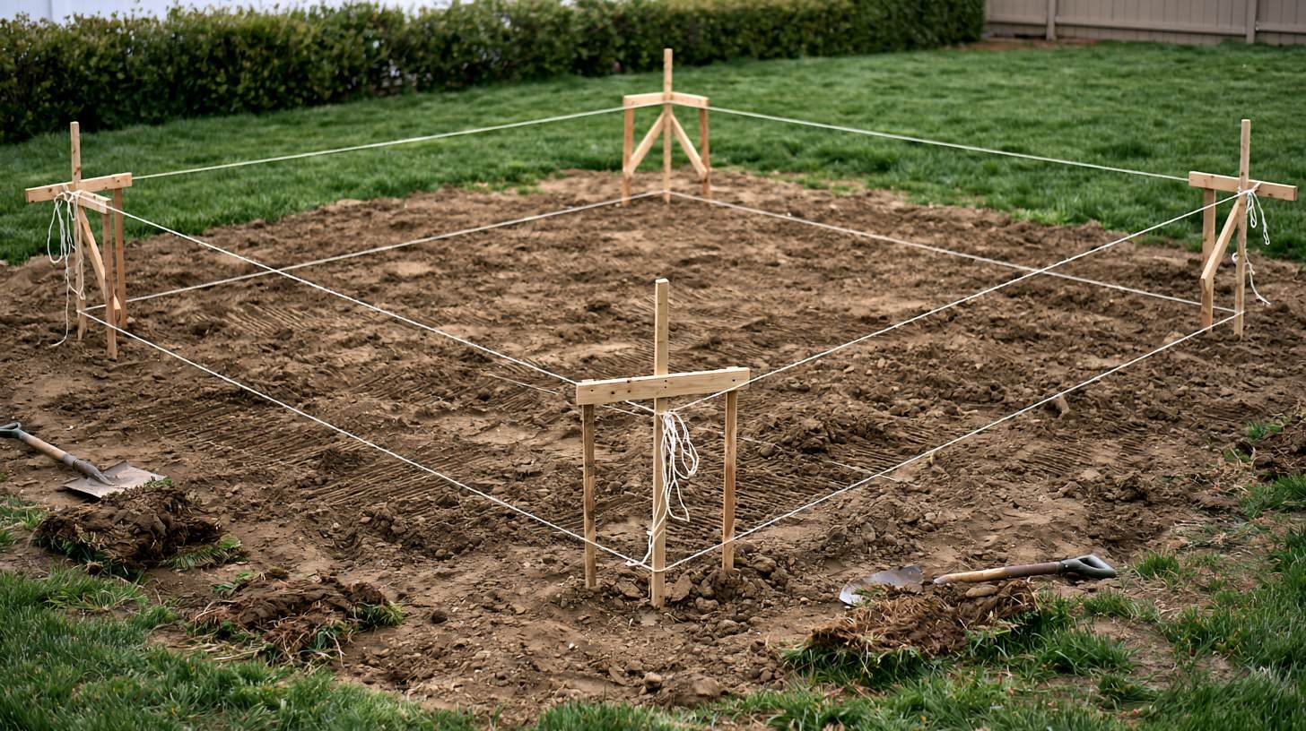 Cleared dirt building site with batter boards and string lines marking a square shed footprint.