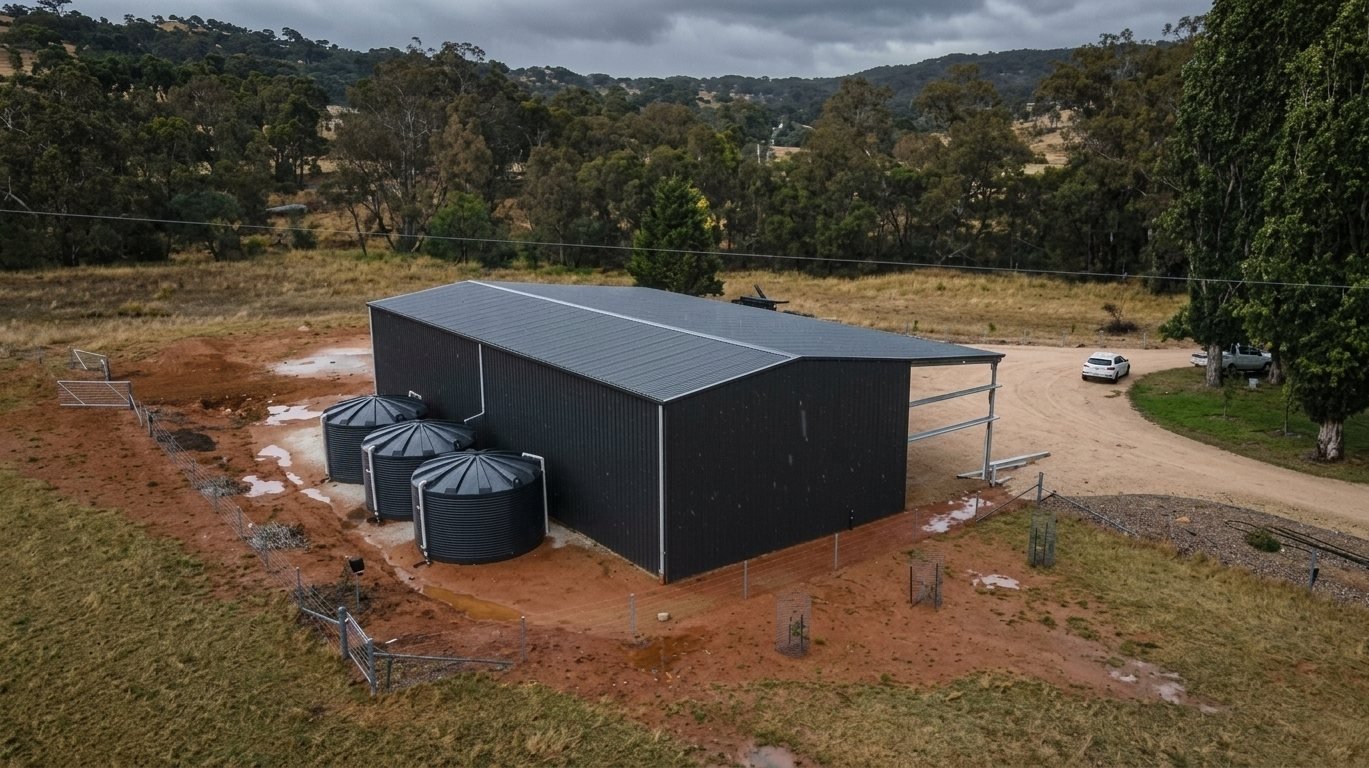 Large dark farm shed with three water tanks on rural land under grey sky.