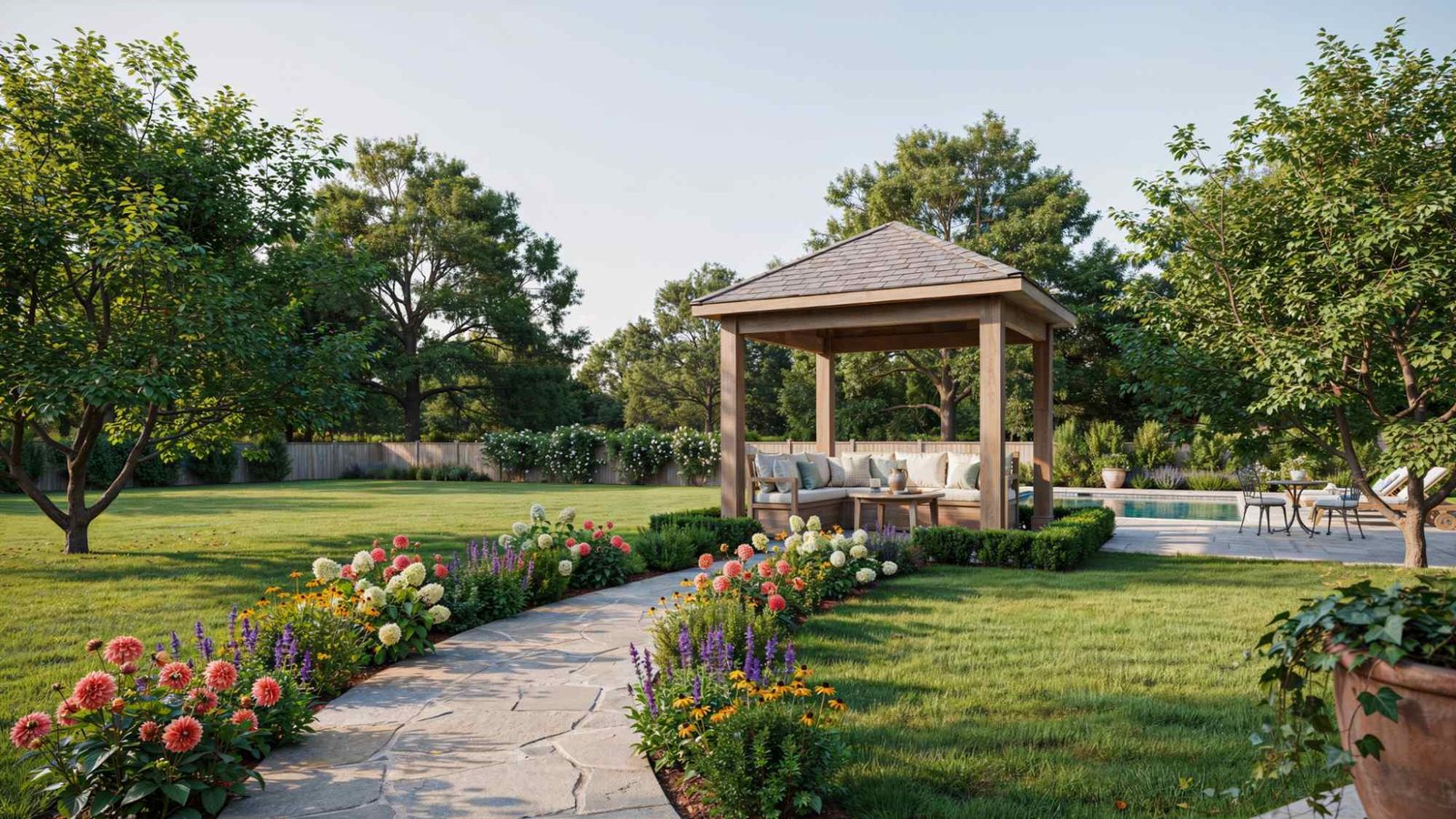 Freestanding wooden gazebo with outdoor seating in a landscaped backyard surrounded by flowers, trees, and a green lawn.