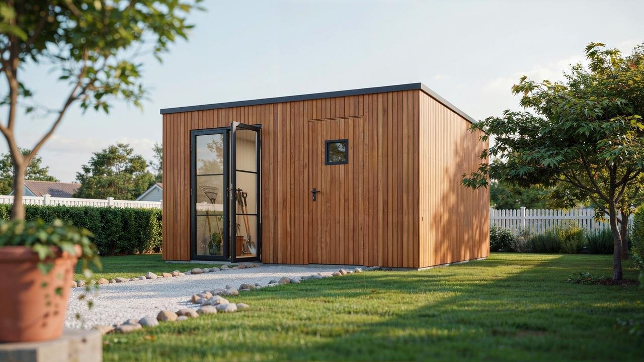 A modern wooden slatted pool equipment shed with glass doors standing in a lawn with clean landscaping.