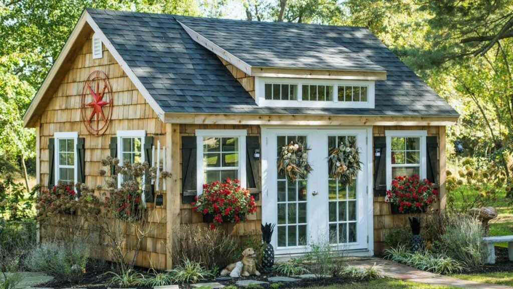Charming wooden shed with French doors, flower boxes and rustic garden landscaping