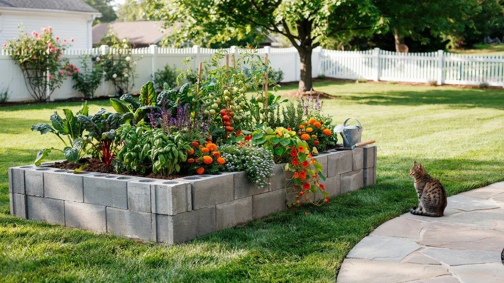 Concrete block raised garden bed filled with healthy vegetables, herbs, and colorful flowers in a backyard garden.