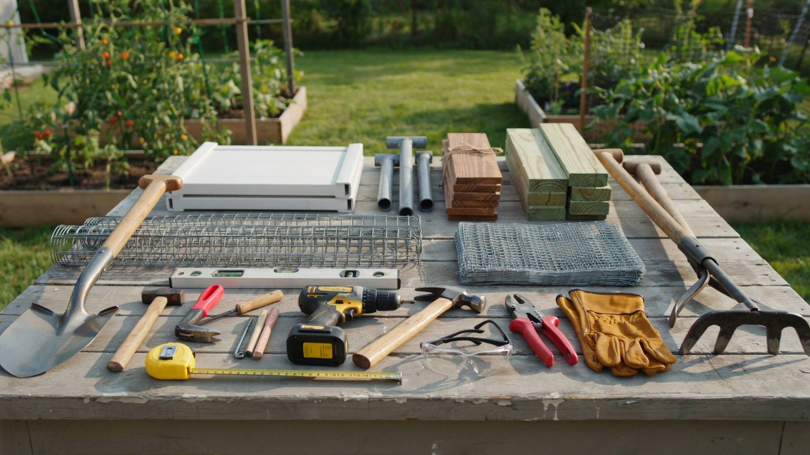 DIY garden fence tools and materials arranged neatly on a workbench before starting a fence installation.