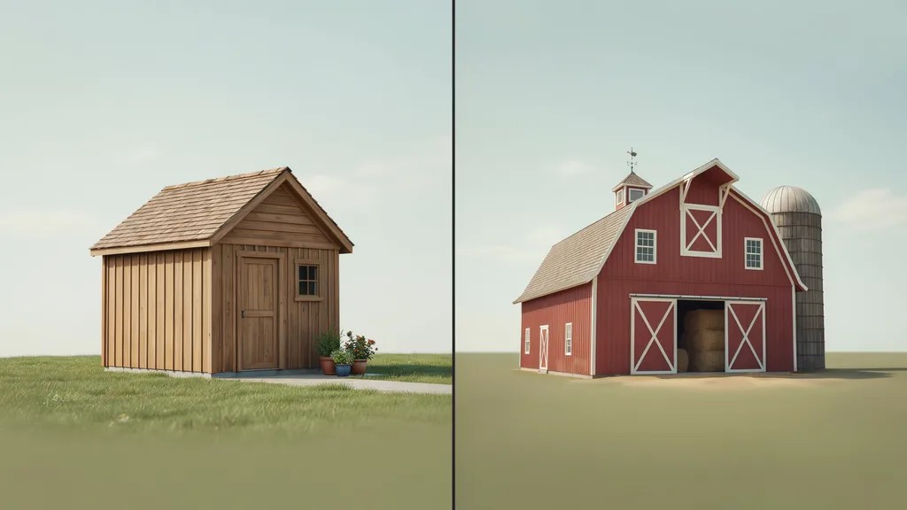 Side-by-side comparison of a shed and a barn highlighting their main differences.