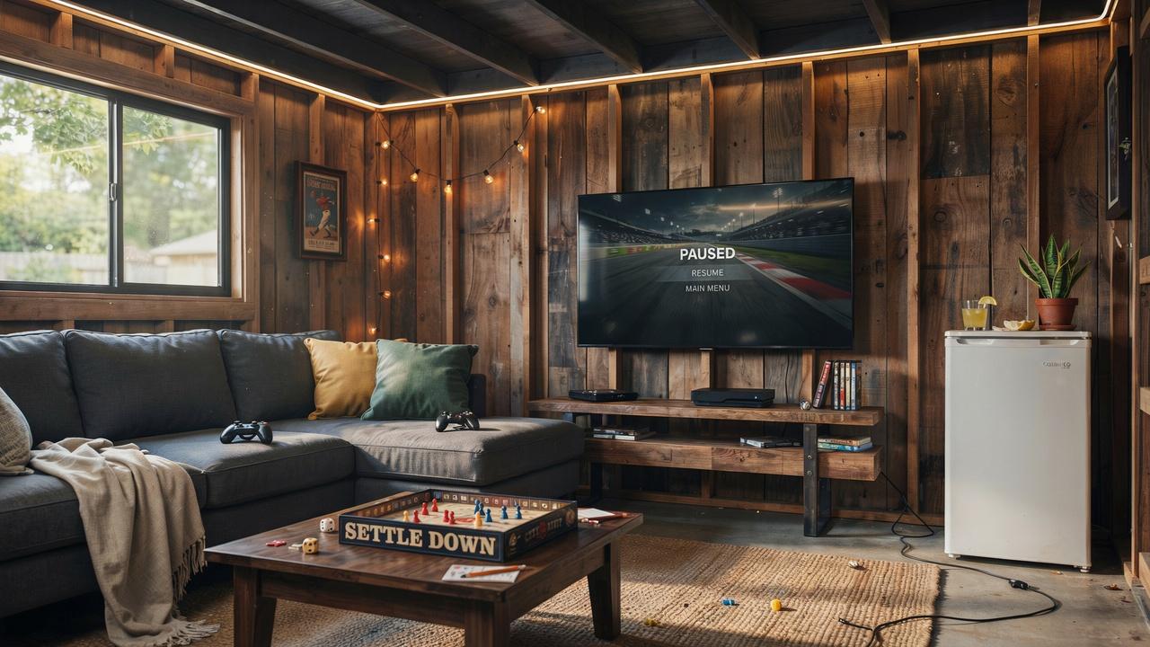 Entertainment room inside a 12x16 shed.