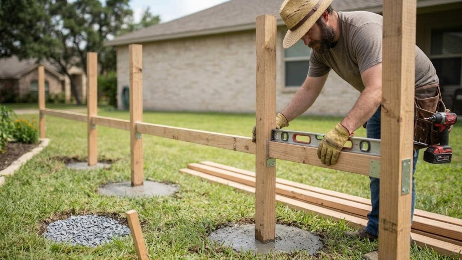 A worker uses a spirit level and power driver to attach a horizontal wooden rail between fence posts.