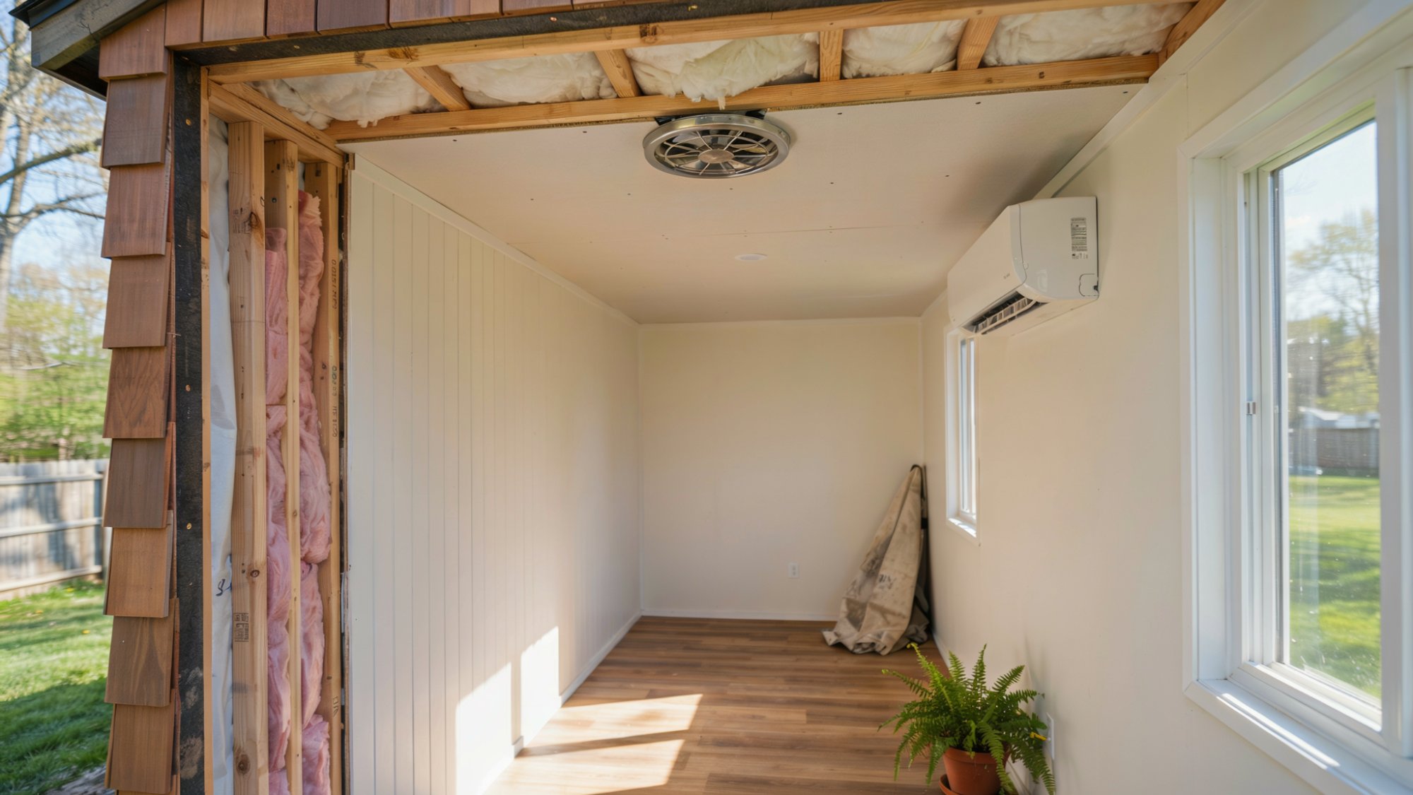 Insulated inside shed with mini-split air conditioner and proper ventilation