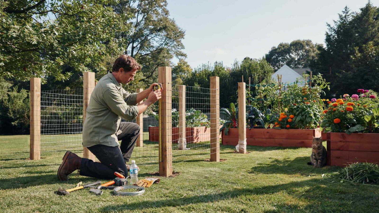 Homeowner building a DIY wooden garden fence around a vegetable garden using basic tools and welded wire mesh.