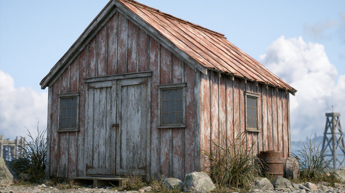 Old wooden shed with gable roof, peeling paint, double doors, and rusted metal roofing.