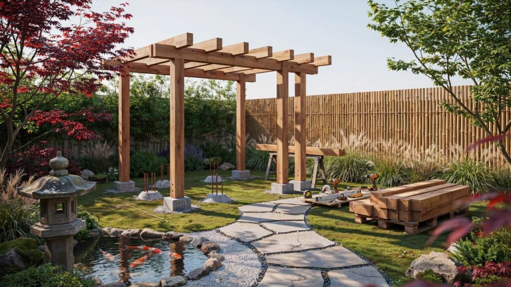Construction of a Japanese pergola in a Zen-inspired garden with traditional landscaping.