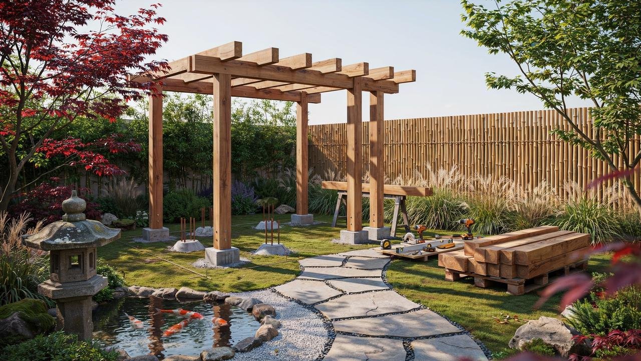 Construction of a Japanese pergola in a Zen-inspired garden with traditional landscaping.