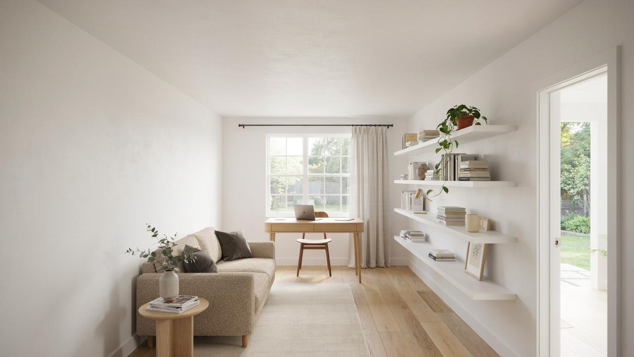 Spacious 12x16 shed interior with furniture arranged to show available floor space.
