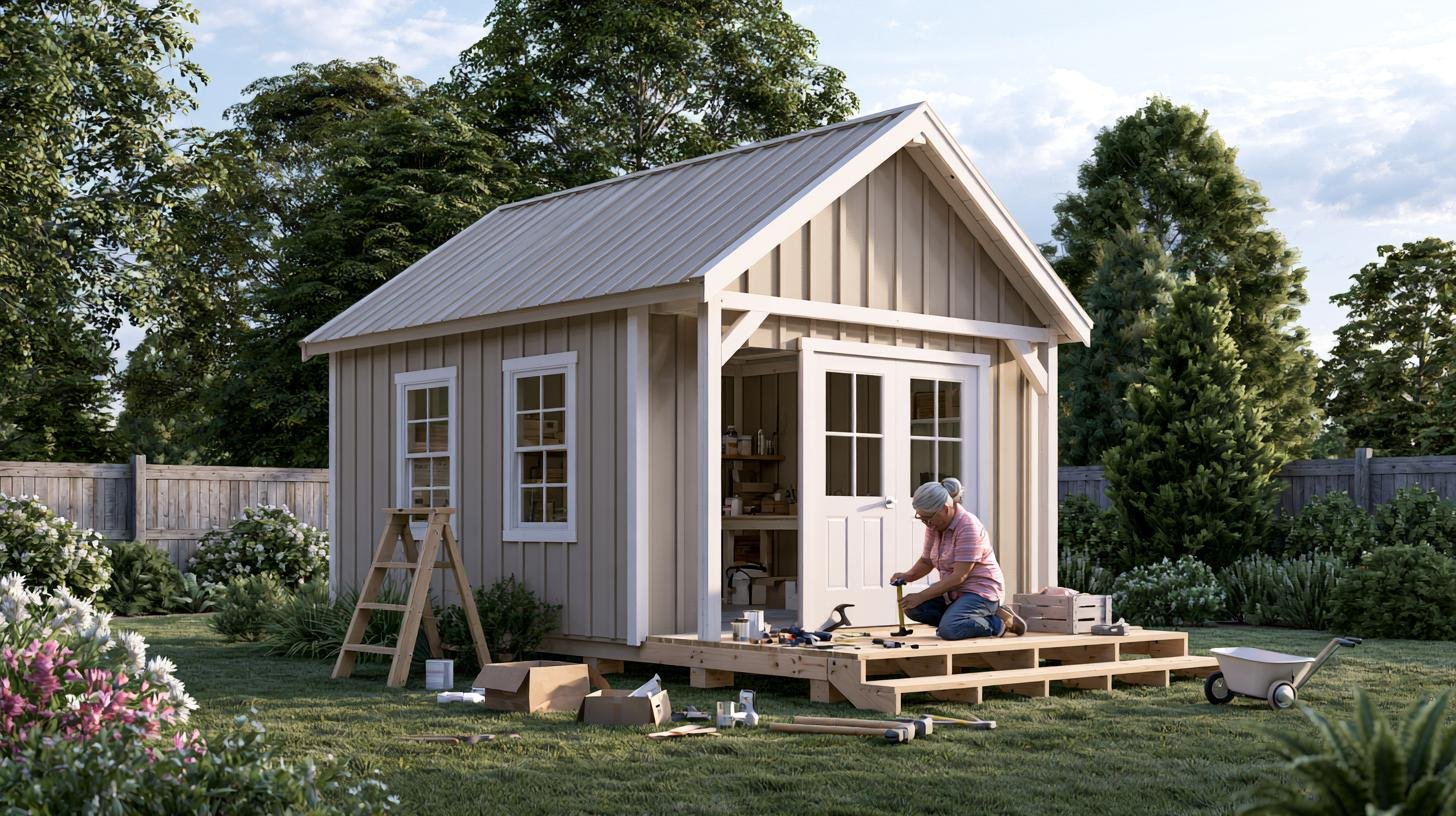 Woman kneeling with hammer, building a wooden deck outside a gable roofed backyard shed.