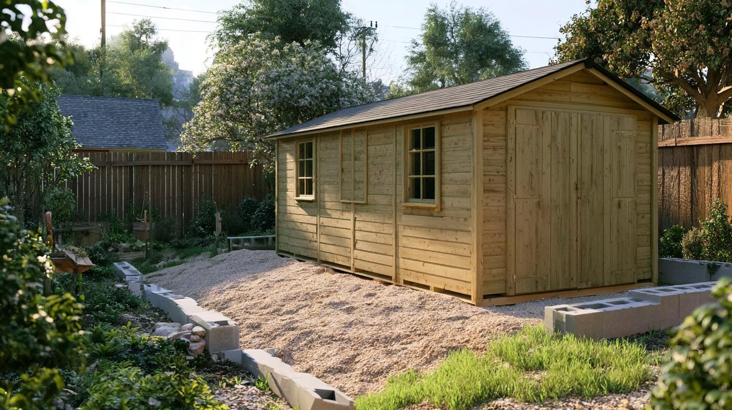 Uneven ground shed base with a level storage shed built on a sloped backyard