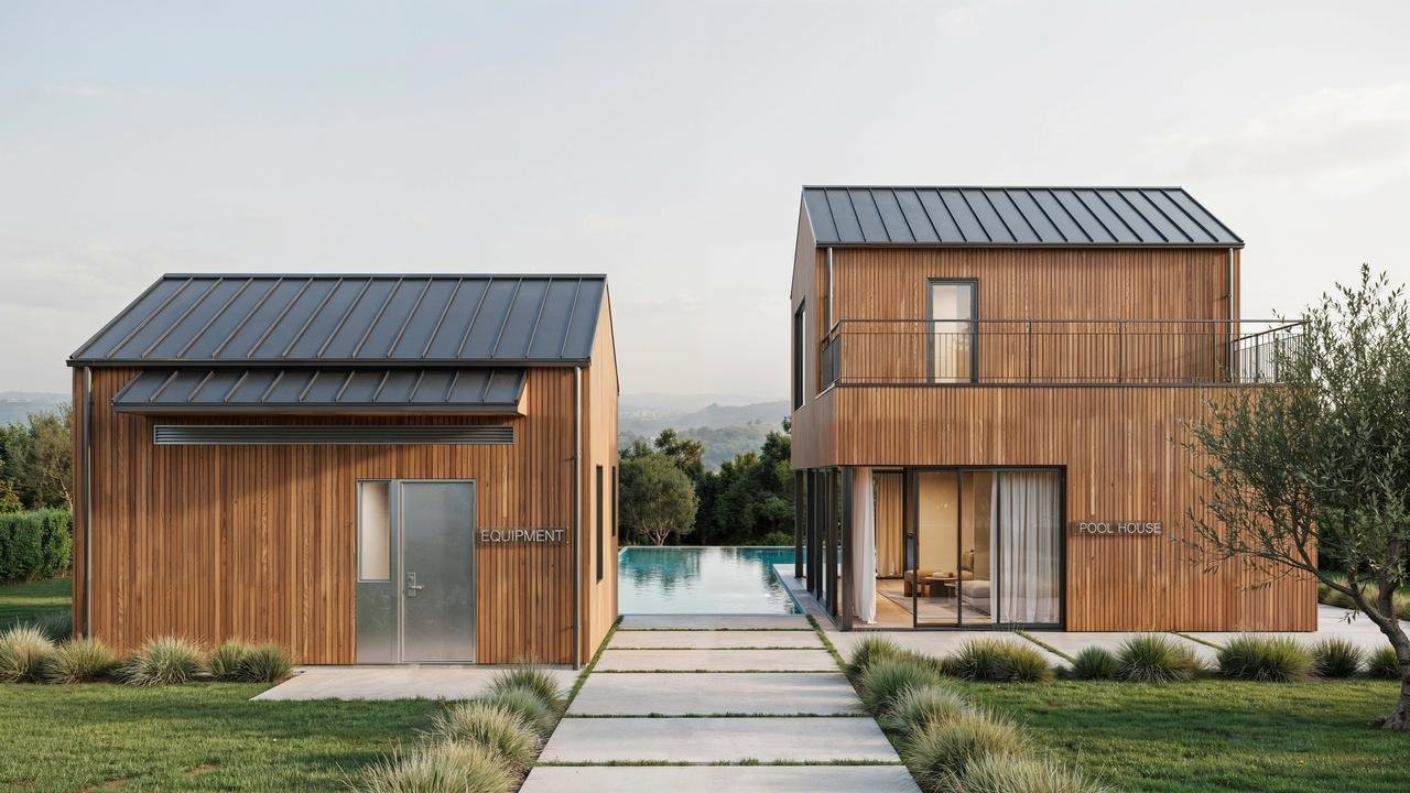 A modern wooden pool shed and matching two-story pool house with metal roofs near a backyard swimming pool.