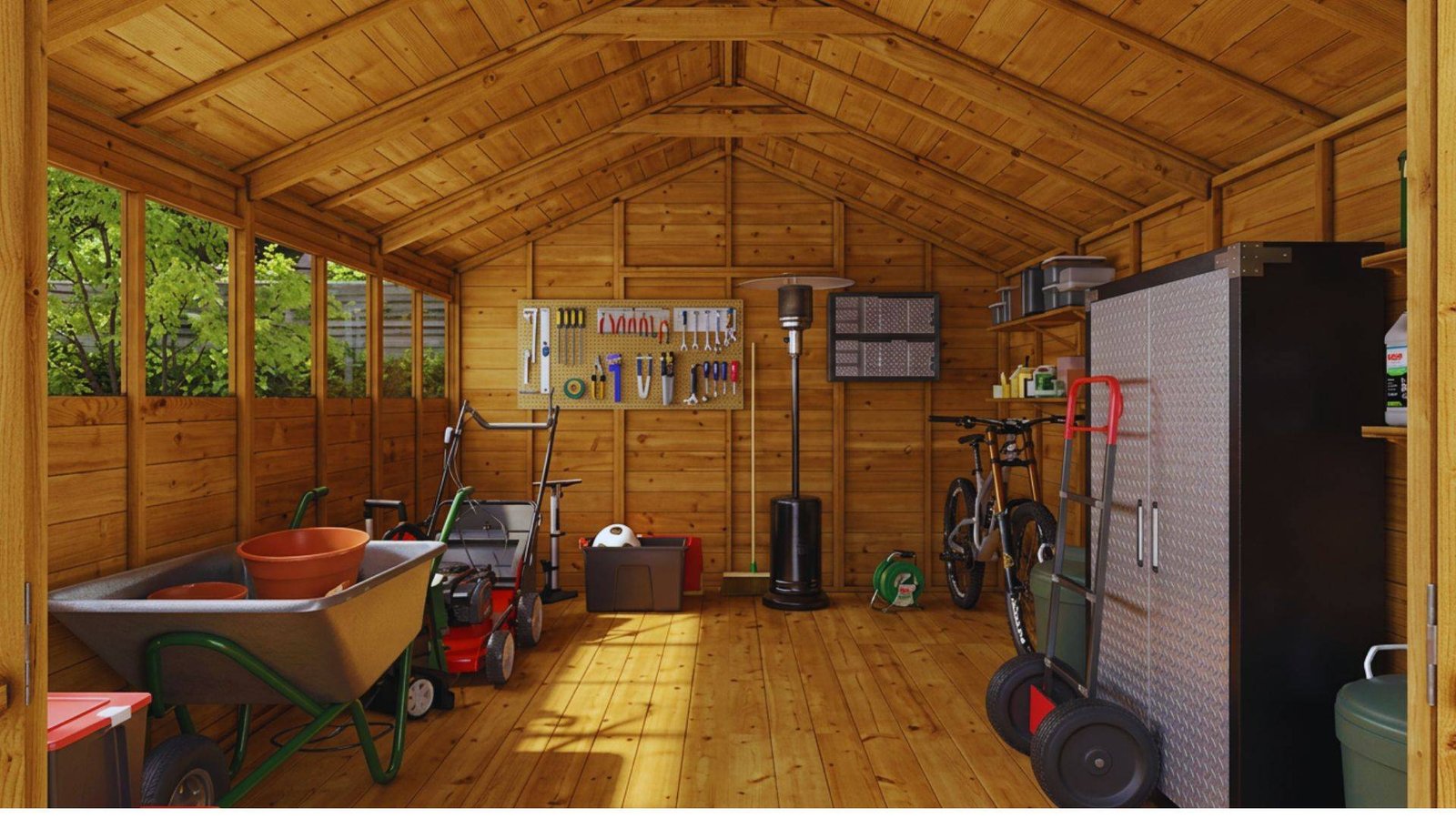 Woodworking shed interior with pegboard tools, wheelbarrow, mower, bike, and metal storage cabinet.