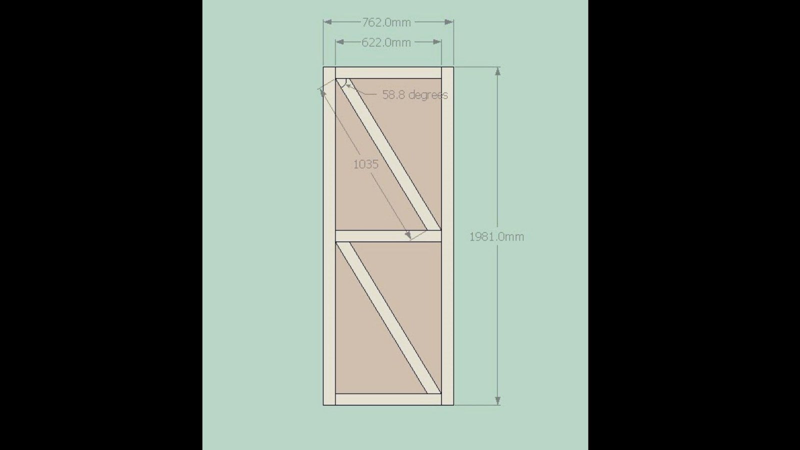 Technical diagram showing dimensions and diagonal bracing for a wooden shed door frame.