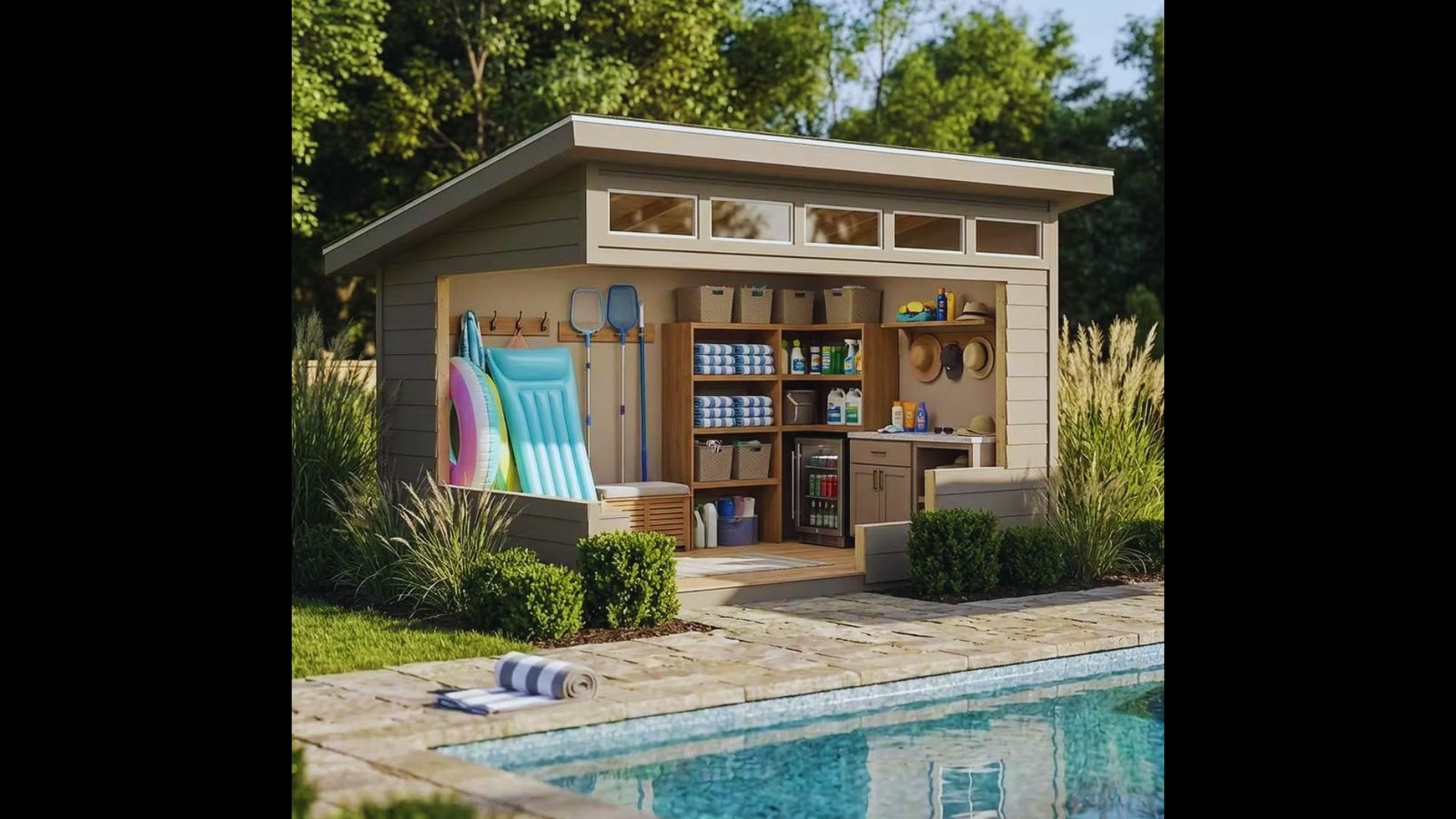 A converted backyard storage shed with organized pool floats and shelves next to a swimming pool.