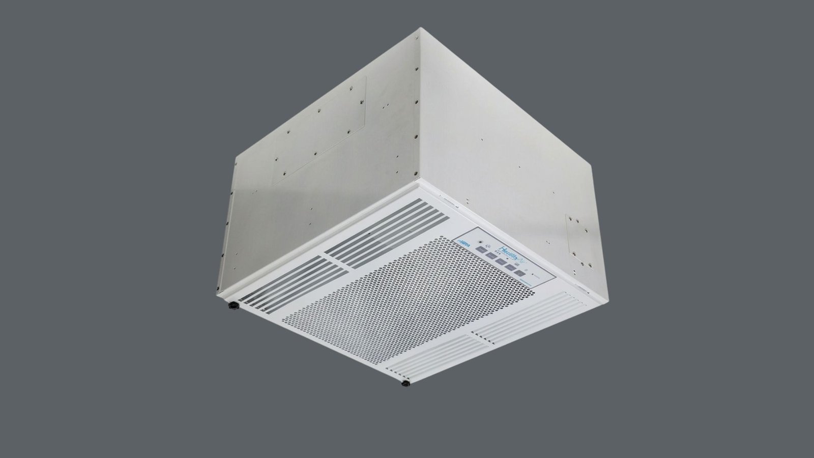 Ceiling-mounted white air filtration unit with vented grille and control panel on grey background.