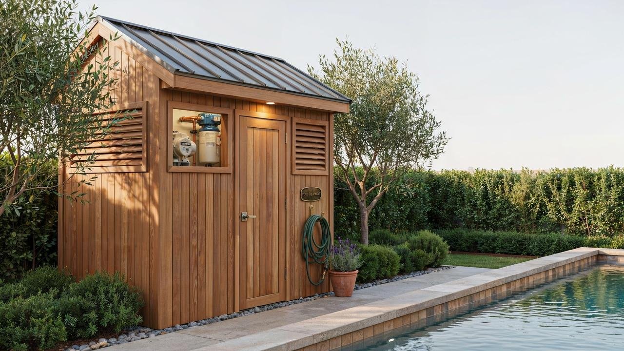 A wooden pool pump shed with a metal roof and louvered vent next to an outdoor swimming pool and hedge.