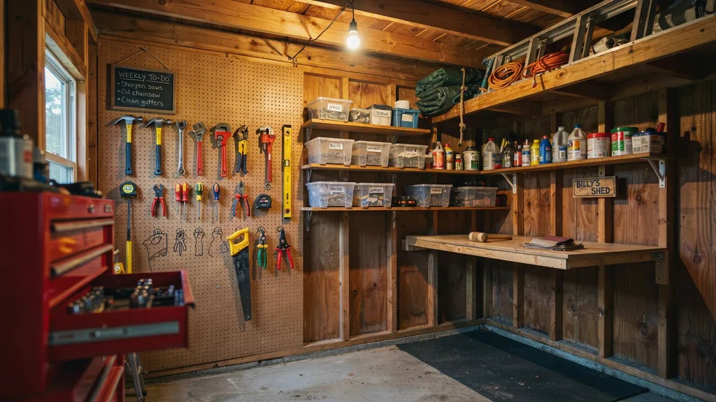 Organized inside shed with wall shelves, pegboards, cabinets, and overhead storage