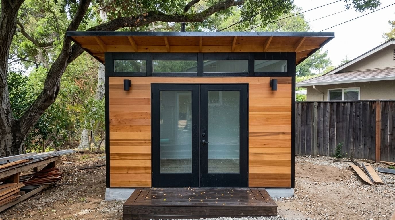 Modern wood shed with black glass doors, flat roof, and deck under a large tree.
